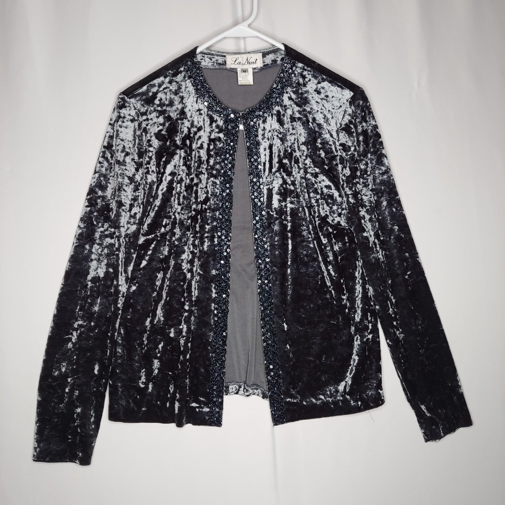 La Nuit Crushed Velvet Beaded Cardigan Top Set Women Medium Gray Glam Party - Picture 2 of 13